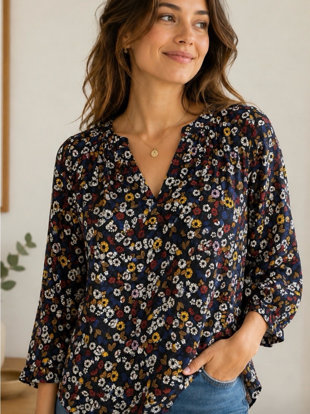 Ann Taylor Factory Black Floral Split V-Neck Blouse